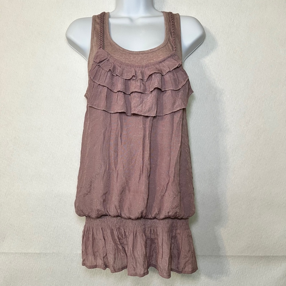 Blue Bird Mauve Romantic Boho Y2K Ruffle Smocked Hem Braided Strap Tank Top Lg